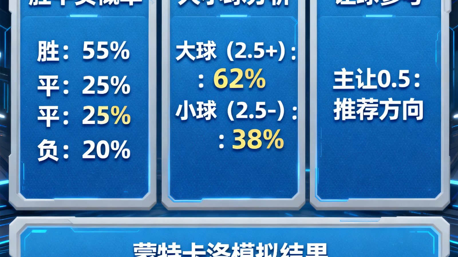 世界杯数据预测面板展示AI智能推单，包含胜平负概率、大小球分析、让球参考，蒙特卡洛模拟结果